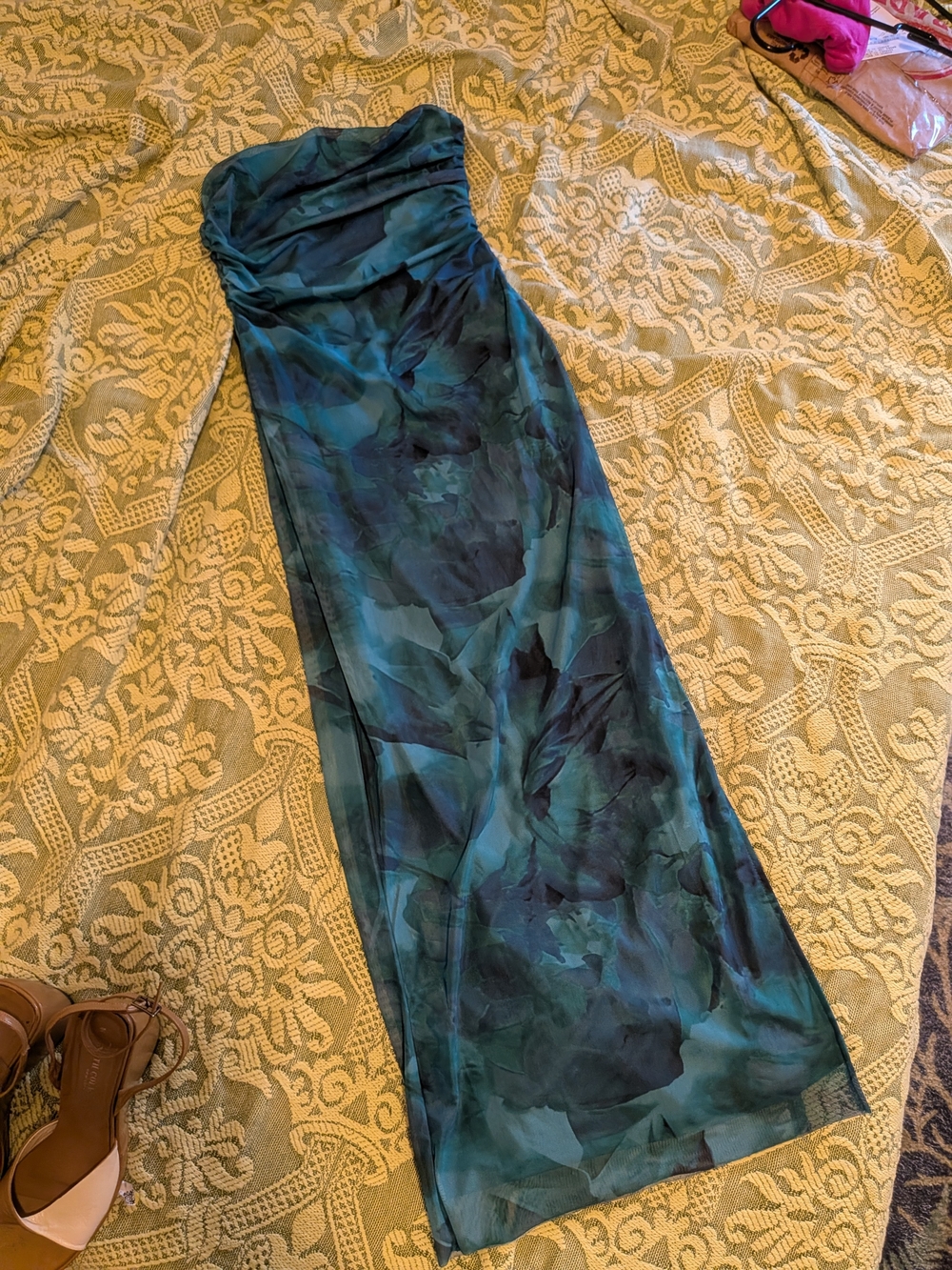 Strapless Teal & Navy Floral Maxi Dress